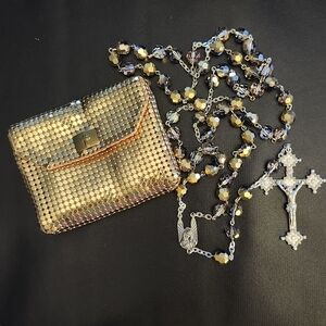 VINTAGE 1930s Whiting & Davis Gold Rosary Bag with Rosary
